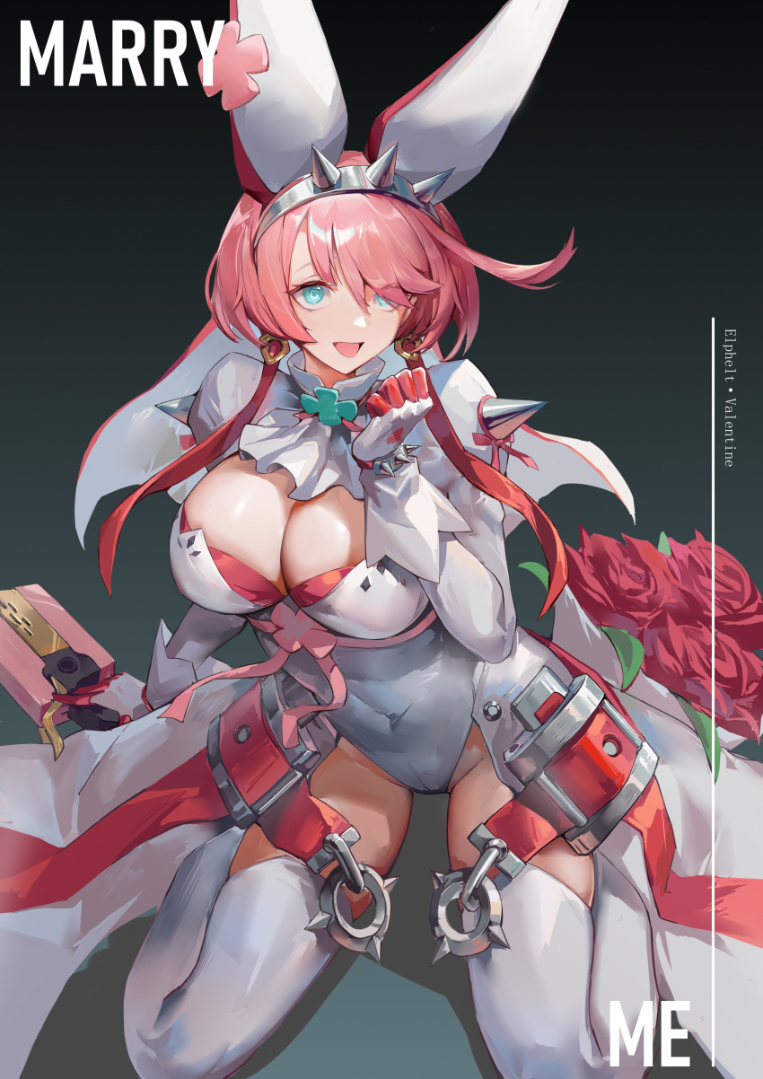 absurdres ahoge animal_ears aqua_eyes belt bouquet bow bracelet breasts bridal_veil character_name cleavage cleavage_cutout clothing_cutout clover dress earrings elphelt_valentine english_commentary english_text fake_animal_ears female flower four-leaf_clover guilty_gear guilty_gear_xrd gun hair_between_eyes hairband handgun highres holding holding_gun holding_weapon huge_ahoge jewelry kneeling large_breasts open_mouth pink_bow pink_hair rabbit_ears red_flower red_rose rose shenbaibaibaibaibaibaibai short_hair sitting solo spiked_bracelet spiked_hairband spikes thick_thighs thighhighs thighs veil wariza weapon wedding_dress white_thighhighs