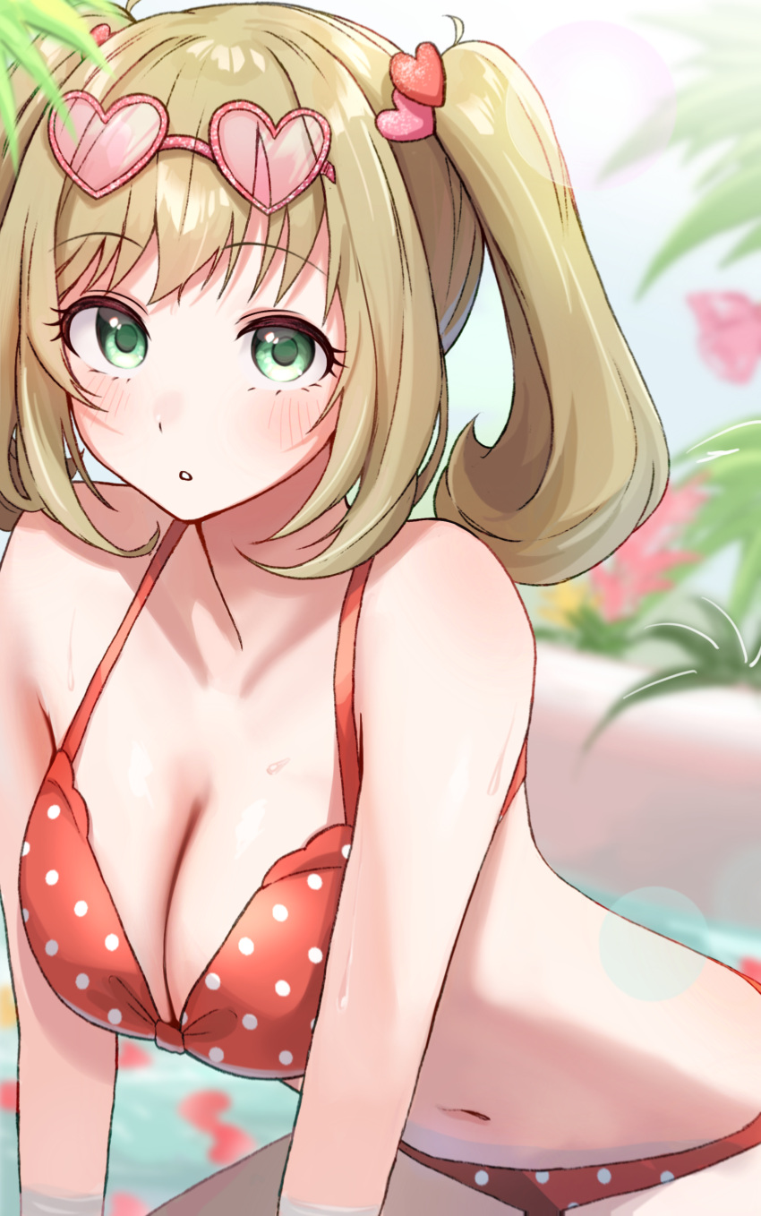 absurdres bikini blush breasts cleavage collarbone commentary_request eyewear_on_head female green_eyes hair_ornament heart heart-shaped_eyewear heart_hair_ornament highres idolmaster idolmaster_cinderella_girls large_breasts light_brown_hair looking_at_viewer niban_(puka_0507) petals petals_on_liquid polka_dot polka_dot_bikini red_bikini sato_shin solo swimsuit tinted_eyewear twintails