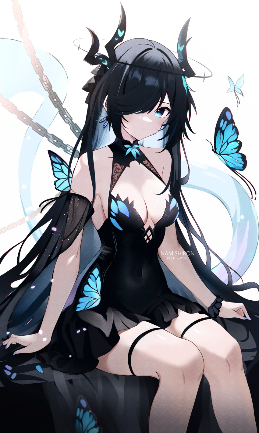 absurdres armpits artist_name black_dress black_hair blue_eyes breasts bug butterfly chains clothing_cutout colored_inner_hair commentary dot_nose dress english_commentary english_text female hair_over_one_eye heart highres horns long_hair medium_breasts multicolored_hair namishiron original sitting solo very_long_hair white_background