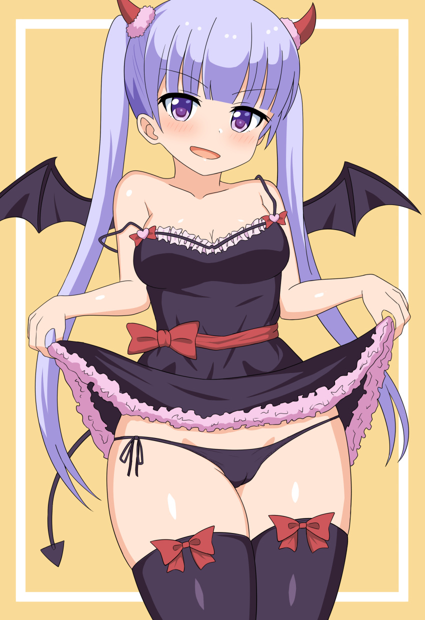 absurdres bat_wings cameltoe commission demon_horns demon_tail highres horns lifting_own_clothes long_hair new_game! panties pixiv_commission purple_hair side-tie_panties suzukaze_aoba tail tankuro_uri underwear very_long_hair wings