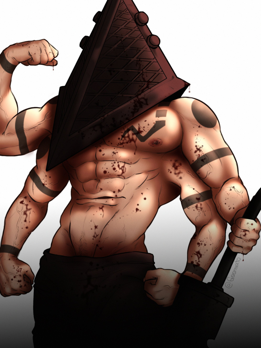 1boy abs absurdres arm_tattoo bara blood blood_on_body chest_tattoo clenched_hands commentary cosplay extra_arms flexing g00miato highres holding holding_weapon jujutsu_kaisen large_pectorals male_focus muscular muscular_male navel_hair nipples pectorals pyramid_head pyramid_head_(cosplay) ryoumen_sukuna_(jujutsu_kaisen) ryoumen_sukuna_(true_form)_(jujutsu_kaisen) silent_hill_(series) silent_hill_2 simple_background solo stomach_mouth tattoo topless_male twitter_username veins veiny_arms weapon