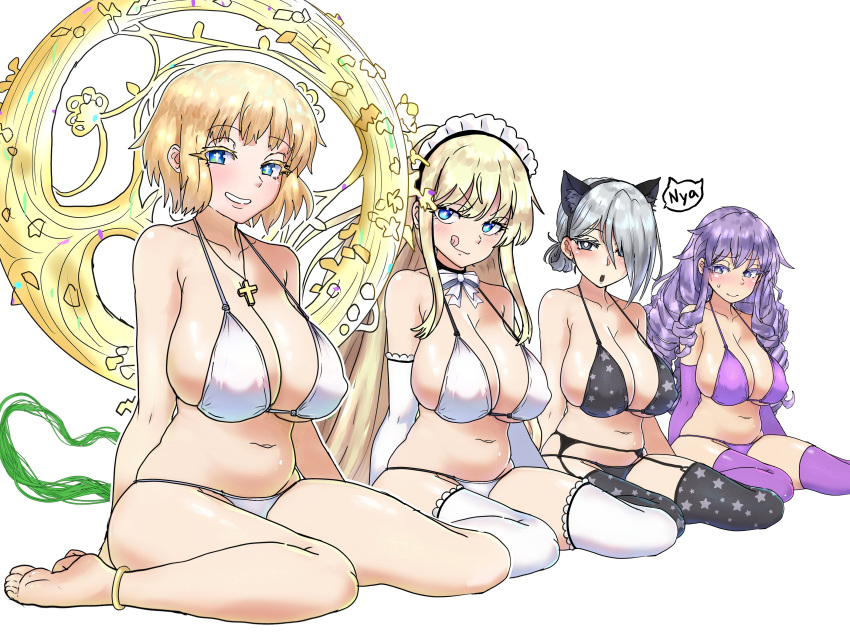 4girls :q absurdres animal_ears anklet bare_shoulders barefoot bikini black_bikini black_garter_belt blonde_hair blue_eyes breasts cat_ears cleavage cross cross_necklace drill_hair ebora elbow_gloves english_commentary fake_animal_ears garter_belt gloves grey_eyes grey_hair hair_bun halterneck highres hokaze_junko jewelry large_breasts latin_cross laura_stuart long_hair maid maid_bikini maid_headdress mina_mathers multiple_girls navel necklace orsola_aquinas print_bikini purple_bikini purple_eyes purple_gloves purple_hair purple_thighhighs short_hair sitting smile speech_bubble star-shaped_pupils star_(symbol) star_print swimsuit symbol-shaped_pupils thighhighs toaru_majutsu_no_index toaru_majutsu_no_index:_new_testament tongue tongue_out unconventional_maid very_long_hair wariza white_background white_bikini white_gloves