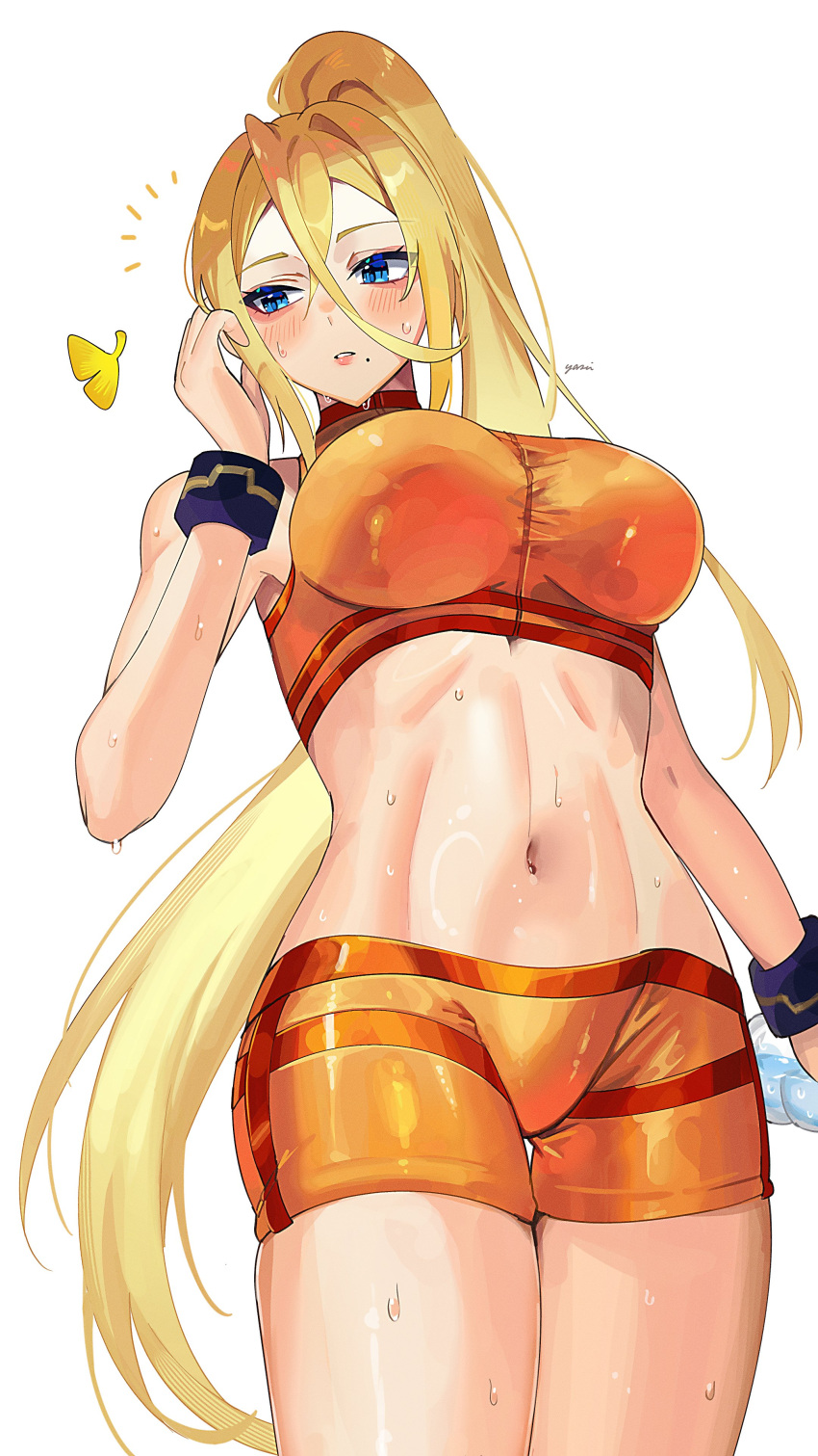 absurdres alternate_color blonde_hair blue_eyes breasts crop_top cropped_shirt eyelashes female ginkgo_leaf highres large_breasts leaf long_hair metroid midriff mole mole_under_mouth navel orange_shirt orange_shorts parted_lips player_2 ponytail samus_aran shirt shorts simple_background solo super_smash_bros. sweat white_background yasaikakiage