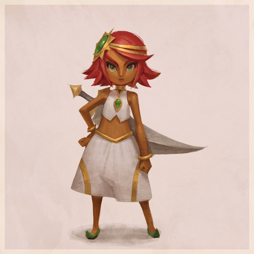 arm_at_side biahnyang bracelet brooch circlet crop_top dohna_(zelda) female full_body gerudo green_eyes hand_on_own_hip highres jewelry midriff navel red_hair short_hair simple_background sleeveless solo the_legend_of_zelda the_legend_of_zelda:_echoes_of_wisdom v-shaped_eyebrows