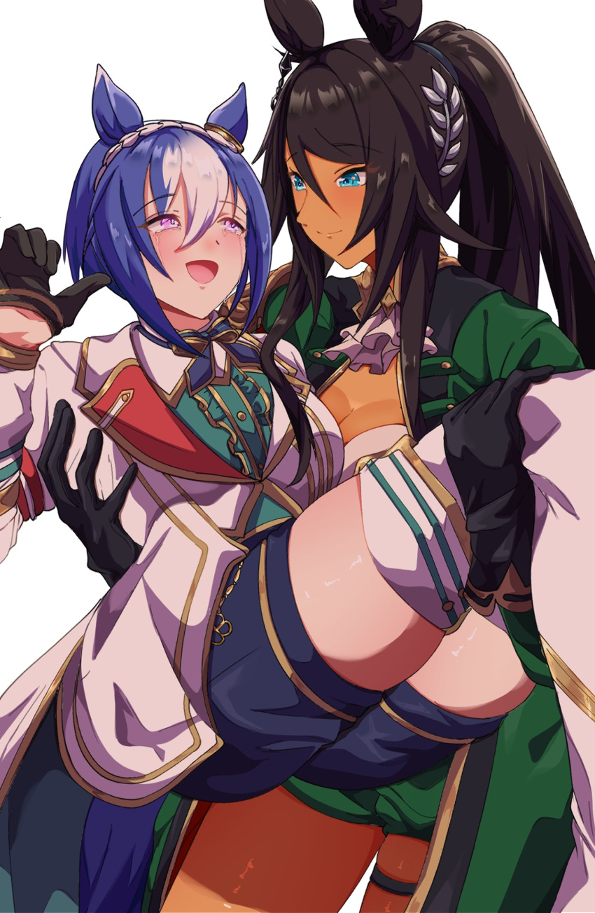 2girls animal_ears black_gloves black_hair blue_eyes blue_hair boots braid carrying cesario_(umamusume) commentary_request crown_braid dark-skinned_female dark_skin earrings gloves green_jacket highres horse_ears horse_girl horse_tail jacket jewelry long_hair long_sleeves looking_at_another multicolored_hair multiple_girls princess_carry purple_eyes short_hair single_earring smoke_klll split_ponytail symboli_kris_s_(umamusume) tail thigh_boots two-tone_hair umamusume white_footwear white_hair white_jacket yuri