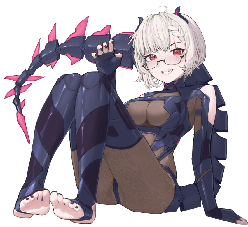 absurdres black_bodysuit blush bodysuit braid braided_bangs claw_pose commentary female gloves highres impossible_bodysuit impossible_clothes indie_virtual_youtuber knees_up long_hair looking_at_viewer mechanical_tail partially_fingerless_gloves red_eyes rorirori_(rorirori45) saruei_(vtuber) scar scar_across_eye simple_background sitting smile soles solo stirrup_legwear tail toeless_legwear toes virtual_youtuber white_background white_hair