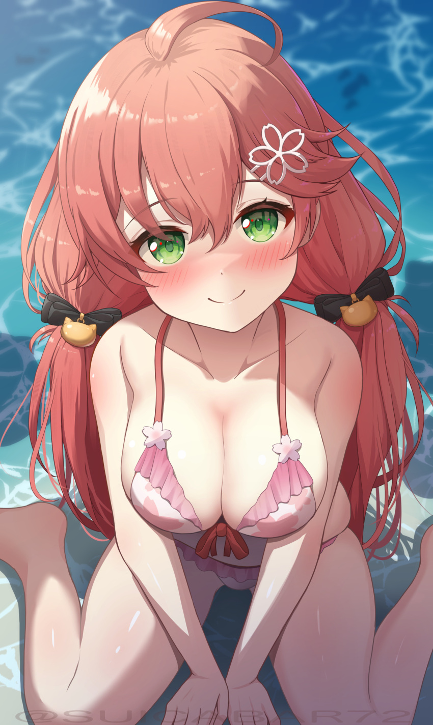 ahoge alternate_costume beach bikini blush breasts cleavage female green_eyes hair_between_eyes hair_ornament hairclip hands_on_ground highres hololive large_breasts looking_at_viewer ocean pink_bikini sakura_miko sitting solo suicabar72 swimsuit virtual_youtuber wariza wet