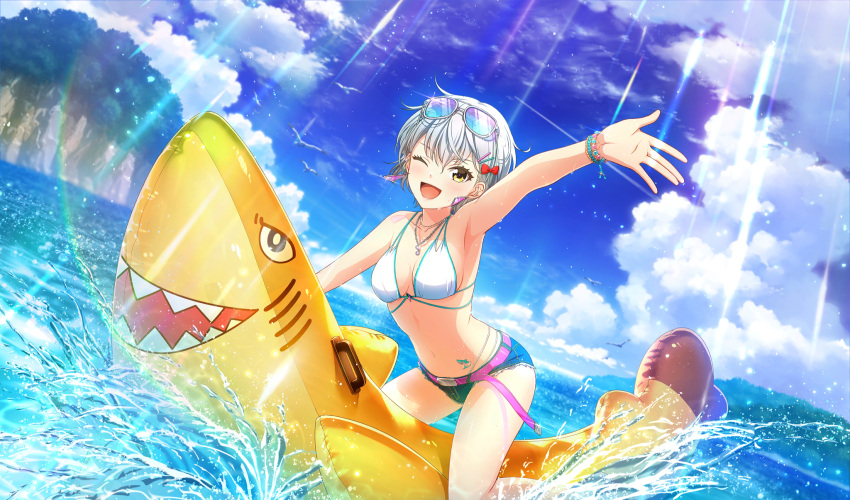 ;d arm_up asahina_iroha belt belt_buckle bikini bikini_under_clothes bird blue_shorts blurry bow bracelet buckle cinderella_series cloud cumulonimbus_cloud depth_of_field dutch_angle earrings eyewear_on_head female film_grain game_cg hachigatsu_no_cinderella_nine hair_ornament hairbow hairclip highres jewelry light_particles light_rays looking_at_viewer navel necklace non-web_source ocean official_art one_eye_closed open_mouth outdoors outstretched_arm pink_belt red_bow riding_shark seagull short_hair shorts sky smile solo splashing string_bikini sunbeam sunlight swimsuit water wet white-framed_eyewear white_bikini white_hair yellow_eyes