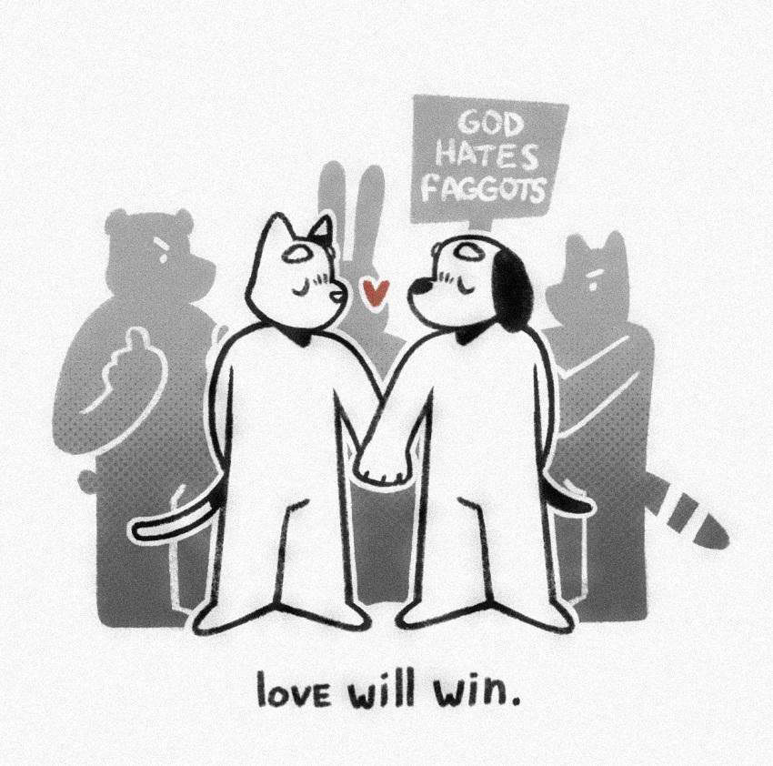 2024 anthro bear biped canid canine canis domestic_cat domestic_dog felid feline felis fur group hand_holding heart_symbol hi_res homophobia homophobic_slur lagomorph leporid looking_at_another looking_at_partner male mammal procyonid rabbit raccoon romantic romantic_couple soulfullhyena white_body white_fur