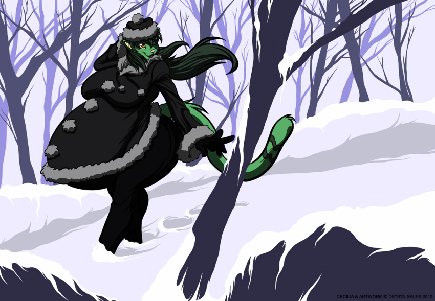 2010 anthro belly big_belly big_breasts bottomwear breasts cecilia_(deonwolf) clothing coat deonwolf domestic_cat felid feline felis female fur gloves green_body green_fur green_hair hair handwear hat headgear headwear huge_belly mammal orange_eyes pants plant pregnant pregnant_anthro pregnant_female snow solo topwear tree winter winter_clothing winter_coat winter_hat