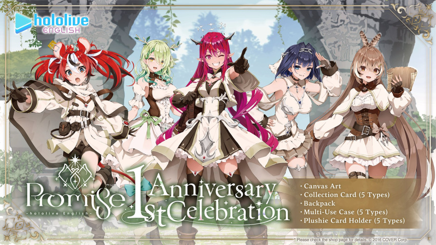 5girls anniversary bare_shoulders breasts ceres_fauna cleavage detached_sleeves dress english_commentary english_text frills grey_hair grin hakos_baelz highres holocouncil hololive hololive_english irys_(hololive) large_breasts long_hair multiple_girls nanashi_mumei official_alternate_costume official_art open_mouth ouro_kronii short_hair smile very_long_hair