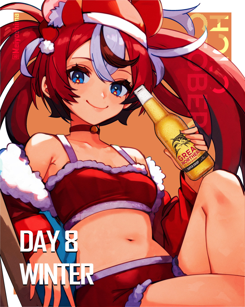 absurdres alcohol animal_ears bell bikini black_hair blue_eyes bottle breasts female fur-trimmed_bikini fur_trim hakos_baelz hat highres hololive hololive_english long_hair looking_at_viewer meiyoshima midriff mouse_ears mouse_girl multicolored_hair navel neck_bell red_bikini red_hair santa_bikini santa_hat smile solo streaked_hair swimsuit twintails virtual_youtuber white_hair