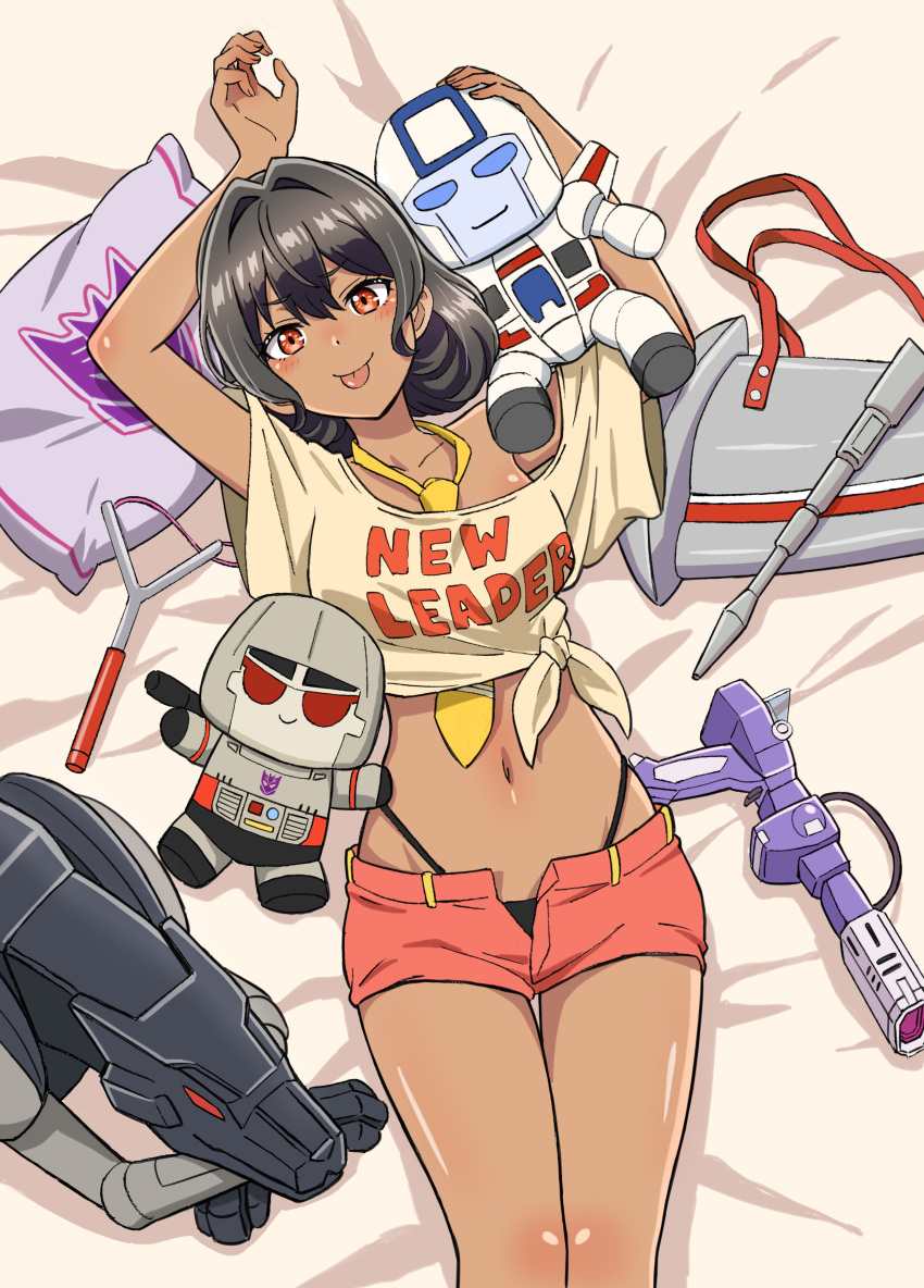 absurdres black_hair crop_top dark-skinned_female dark_skin female genderswap_(mtf) highres jetfire komagoma kotobukiya kotobukiya_bishoujo looking_at_viewer megatron navel panties pillow ravage_(transformers) red_eyes rule_63 shockwave_(transformers) short_hair shorts smile starscream starscream_(kotobukiya_bishoujo) tongue tongue_out toy transformers transformers:_generation_1 underwear