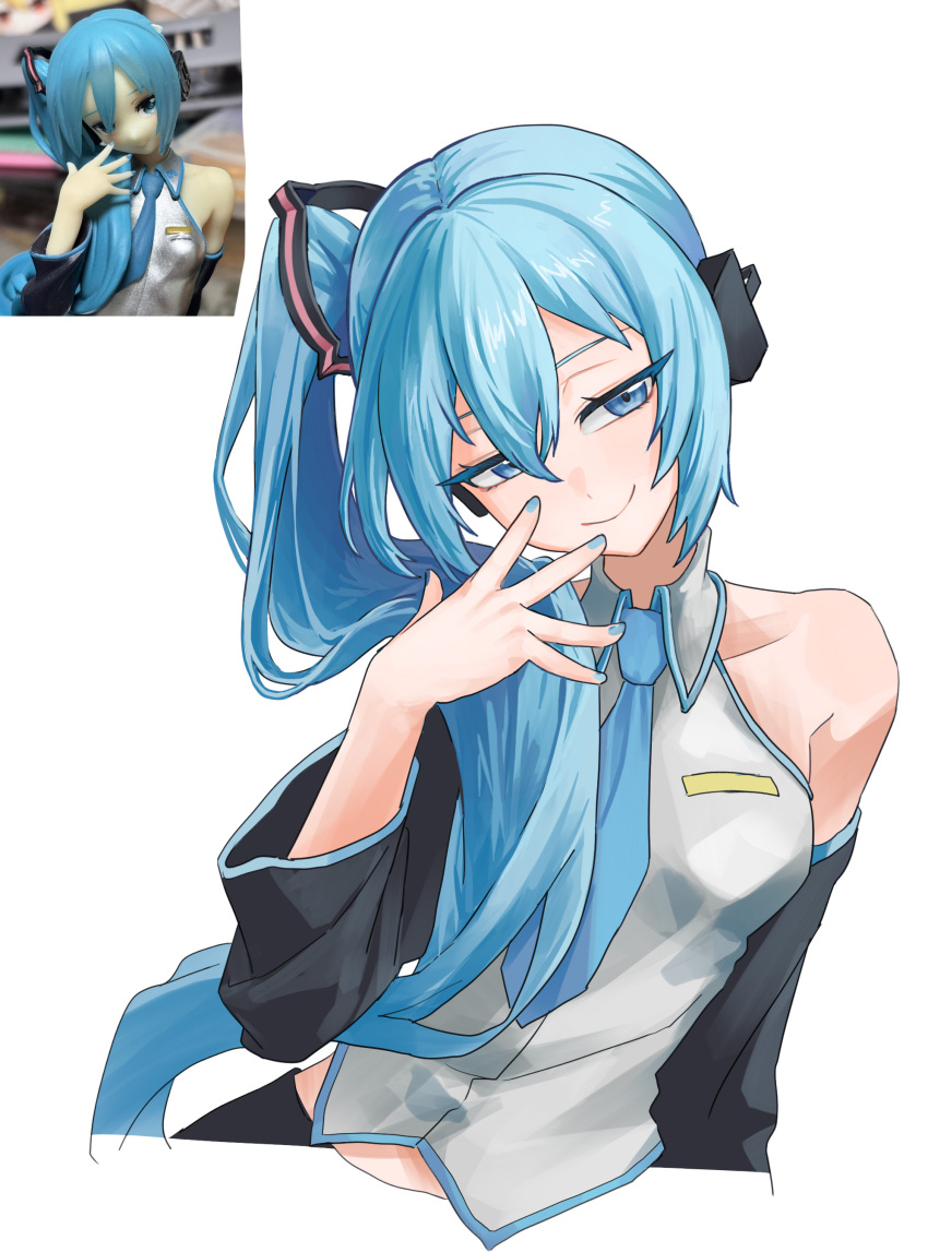 absurdres achaw_x2 blue_eyes blue_hair colored_eyelashes commentary detached_sleeves female grey_shirt hashtag-only_commentary hatsune_miku hatsune_miku_(noodle_stopper) highres long_hair looking_at_viewer meme one_side_up reference_inset shirt sidetail_miku_noodle_stopper_(meme) sleeveless sleeveless_shirt smile upper_body vocaloid white_background