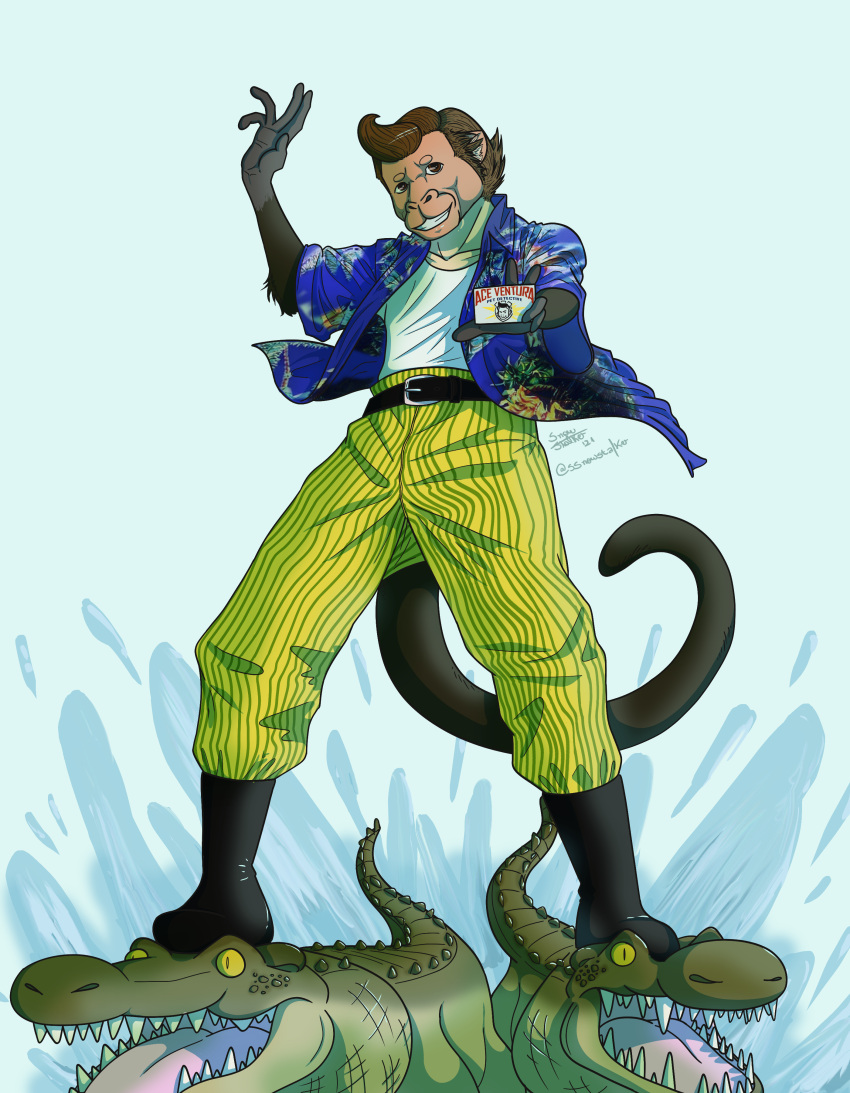 absurd_res ace_ventura ace_ventura_(copyright) aloha_shirt anthro business_card clothing crocodile crocodilian haplorhine hi_res jim_carrey male mammal monkey pattern_clothing pattern_shirt pattern_topwear primate reptile scalie shirt solo ssnowstalker topwear