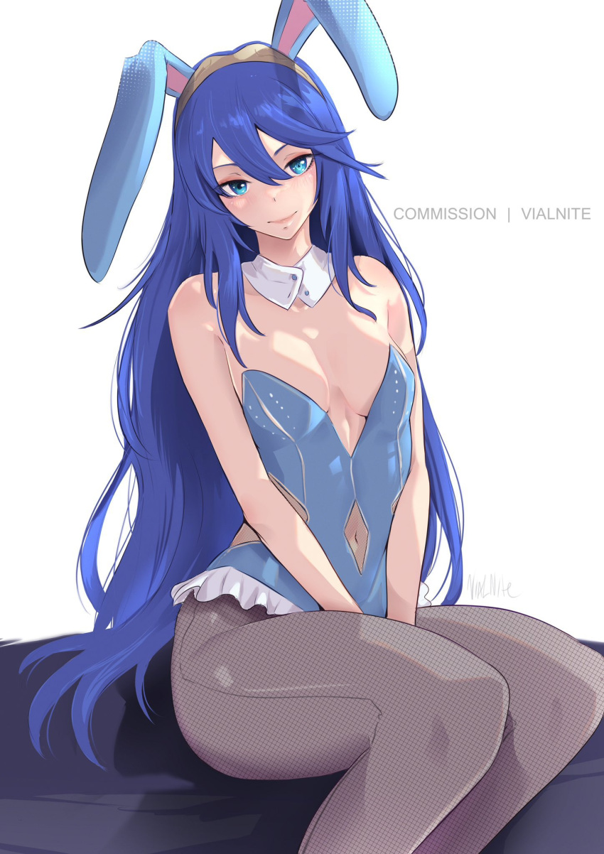 animal_ears artist_name bare_shoulders blue_eyes blue_hair blue_leotard brand_of_the_exalt breasts closed_mouth commission english_commentary fake_animal_ears female fire_emblem fire_emblem_awakening fishnet_pantyhose fishnets hair_between_eyes highres leotard long_hair looking_at_viewer lucina_(fire_emblem) navel pantyhose playboy_bunny rabbit_ears signature sitting small_breasts smile solo strapless strapless_leotard symbol_in_eye tiara vialnite