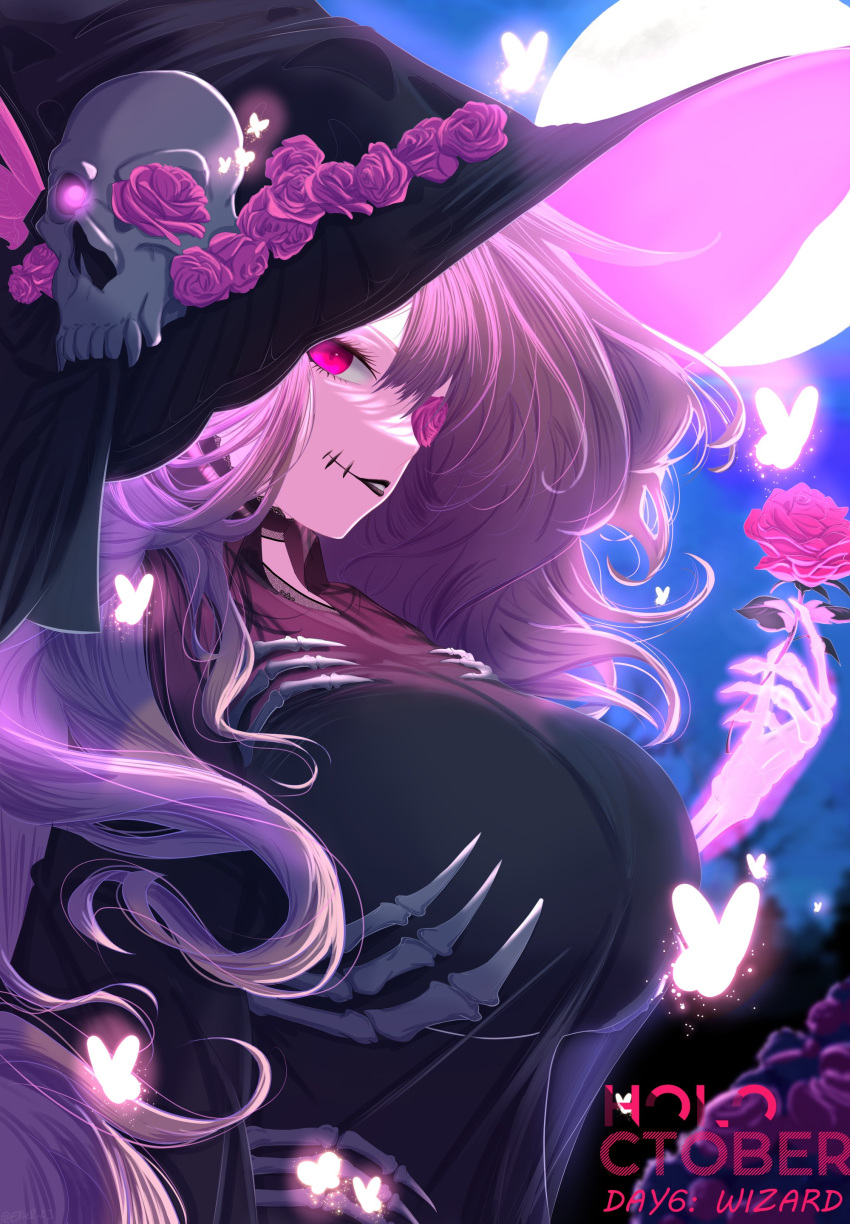 absurdres black_robe breasts ellier23 female flower flower_in_hat flower_over_eye from_side full_moon hat highres hololive hololive_english large_breasts long_hair long_sleeves looking_at_viewer looking_to_the_side moon moonlight mori_calliope night night_sky pink_hair profile red_eyes robe skeleton skeleton_print skull_ornament sky smile solo stitched_mouth stitches upper_body virtual_youtuber witch witch_hat