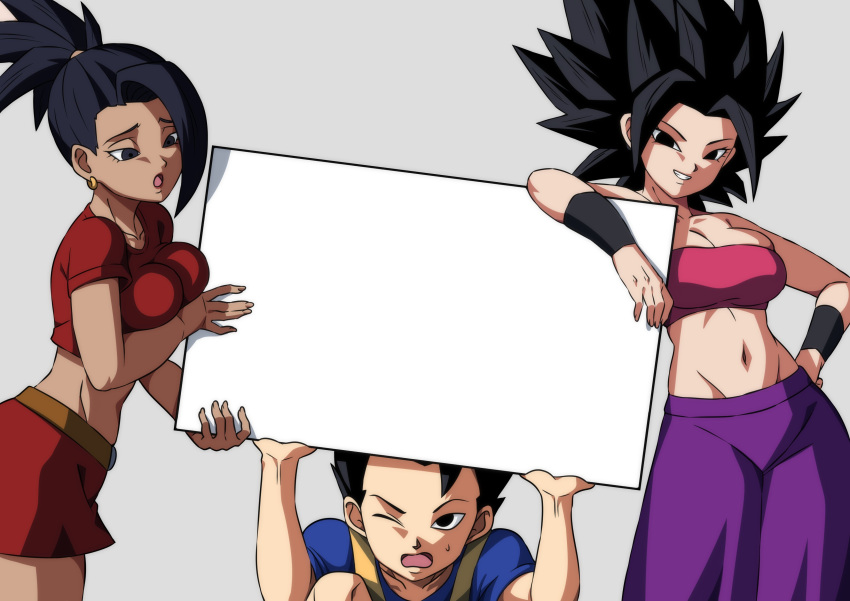 1boy 2girls absurdres belted_skirt black_hair blue_shirt breasts cabba caulifla cleavage collarbone crop_top dark-skinned_female dark_skin dragon_ball dragon_ball_super earrings eighteenetzel english_commentary grey_background highres holding holding_sign jewelry kale_(dragon_ball) large_breasts long_hair looking_at_another looking_at_viewer looking_down looking_up miniskirt multiple_girls navel nose one_eye_closed open_mouth pants purple_pants red_shirt red_skirt shirt short_sleeves sign simple_background skirt sleeveless smile sweatdrop teeth