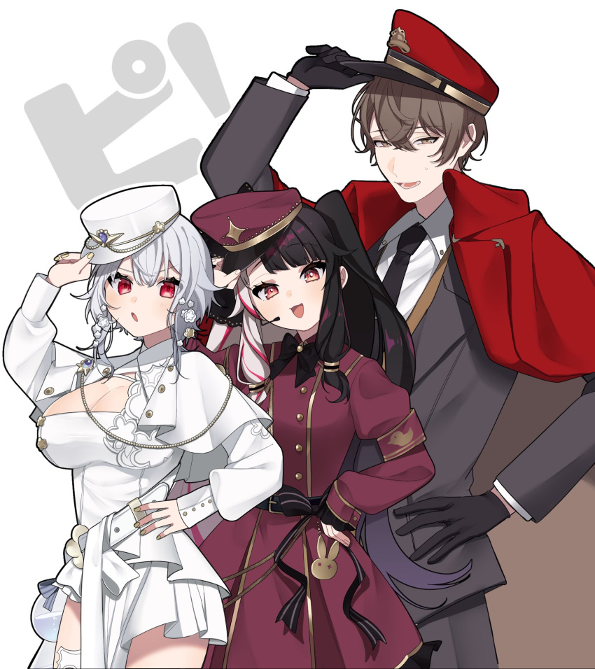 1boy 2girls black_bow black_bowtie black_gloves black_hair bow bowtie breasts brown_eyes brown_hair capelet cleavage coat coat_on_shoulders cowboy_shot dress flask flower gloves grey_hair grey_suit hair_flower hair_ornament hakase_fuyuki hakase_fuyuki_(8th_costume) hand_on_headwear hat hat_tip headset highres ichibomotu kagami_hayato kagami_hayato_(4th_costume) large_breasts long_hair long_sleeves looking_at_viewer low-tied_sidelocks medium_hair military_hat military_uniform multicolored_hair multiple_girls necktie nijisanji official_alternate_costume open_mouth peaked_cap pink_eyes pink_hair red_coat red_eyes round-bottom_flask sideways_hat simple_background smc-gumi_(nijisanji) split-color_hair standing streaked_hair suit sweatdrop twisted_sidelocks two_side_up virtual_youtuber white_capelet white_dress white_hair yellow_nails yorumi_rena yorumi_rena_(2nd_costume)