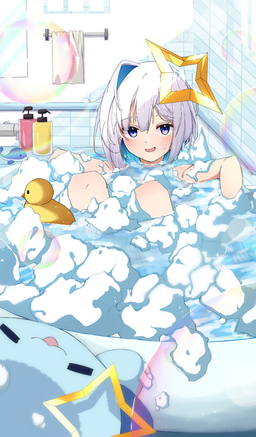 absurdres amane_kanata asymmetrical_bangs asymmetrical_hair axolotl_(minecraft) bath bathing bathroom bathtub blue_eyes blue_hair blush bob_cut bubble colored_inner_hair female grey_hair halo highres hololive indoors knees_up looking_at_viewer minecraft multicolored_hair nude open_mouth partially_submerged purple_eyes rmwt7525 rubber_duck shampoo_bottle short_hair single_hair_intake smile soap_bottle soap_bubbles solo star_halo tile_wall tiles towel virtual_youtuber water