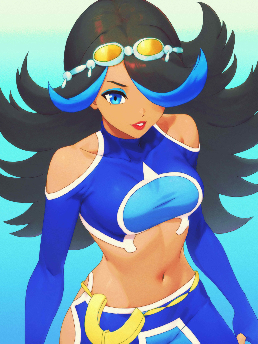 absurdres black_hair blue_background blue_eyeliner blue_eyes blue_hair clothing_cutout crop_top dark-skinned_female dark_skin eyeliner female goggles goggles_on_head goromochan hair_over_one_eye highres long_hair long_sleeves makeup navel parted_lips pokemon pokemon_oras shelly_(pokemon) shoulder_cutout solo upper_body