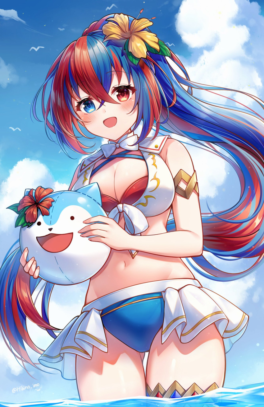 alear_(female)_(fire_emblem) alear_(female)_(seaside_dragon)_(fire_emblem) alear_(fire_emblem) armlet ball beachball bikini blue_eyes blue_hair blue_sky breasts character_ball cleavage cloud commentary_request crossed_bangs day female fire_emblem fire_emblem_engage fire_emblem_heroes hair_between_eyes heterochromia highres jewelry large_breasts looking_at_viewer mikasa-01 multicolored_hair navel ocean official_alternate_costume outdoors partially_submerged ponytail red_eyes red_hair sky sommie_(fire_emblem) split-color_hair stomach swimsuit two-tone_hair water