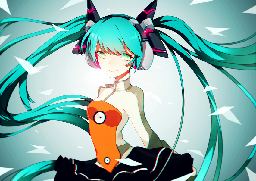 absurdres chromatic_aberration commentary_request female floating_hair green_eyes green_hair hatsune_miku headphones heartbeat_(module) highres iiiroha long_hair odds_&_ends_(vocaloid) photoshop_(medium) solo twintails very_long_hair vocaloid