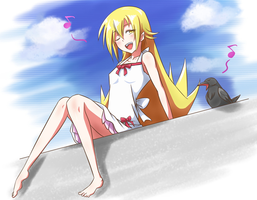 bad_id bad_pixiv_id bare_shoulders barefoot bird blonde_hair cloud crow day female green_(midoriryuu) highres long_hair long_legs monogatari_(series) music musical_note one_eye_closed oshino_shinobu pointy_ears singing sitting sky sleeveless solo yellow_eyes