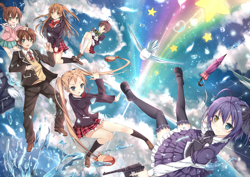 1boy 6+girls 7lark bad_id bad_pixiv_id bird black_thighhighs chuunibyou_demo_koi_ga_shitai! dekomori_sanae frilled_legwear gun icho_private_high_school_uniform multiple_girls nibutani_shinka photoshop_(medium) rainbow school_uniform star_(symbol) takanashi_rikka thighhighs togashi_yumeha togashi_yuuta tsuyuri_kumin umbrella water weapon zettai_ryouiki