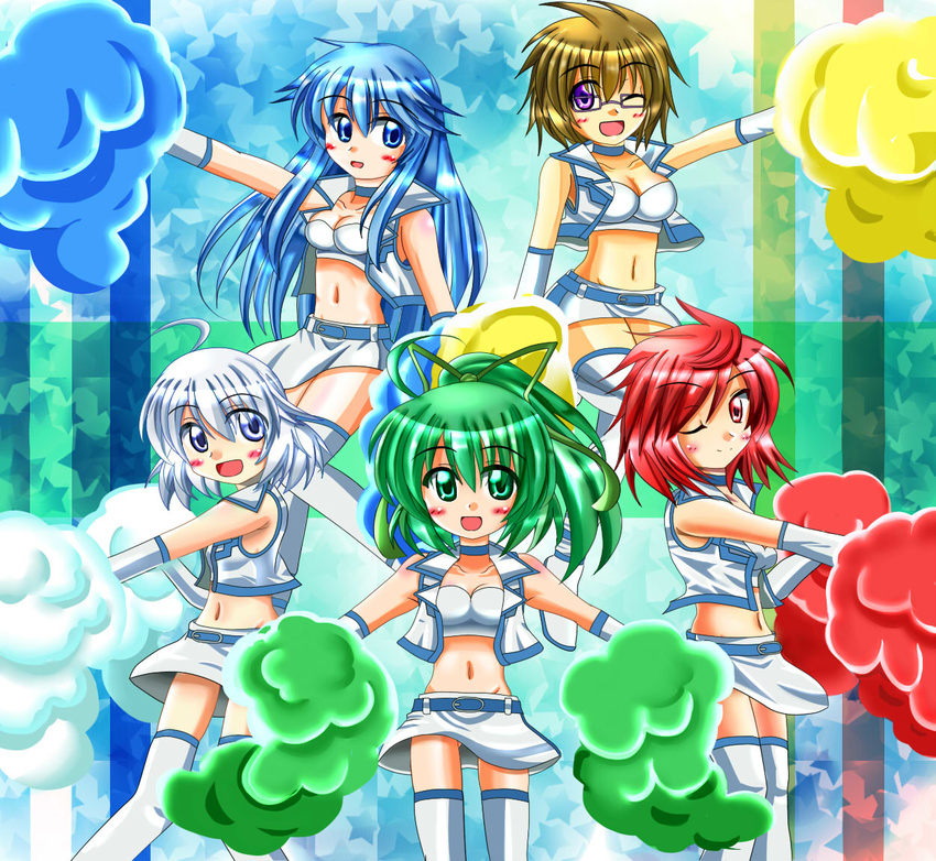 5girls ahoge aussa_(yu-gi-oh!) aussa_the_earth_charmer blue_eyes blue_hair blush boots breasts brown_hair bustier cheerleader cleavage commentary_request cropped_vest duel_monster elbow_gloves eria_(yu-gi-oh!) eria_the_water_charmer glasses gloves green_eyes green_hair hiita_(yu-gi-oh!) hiita_the_fire_charmer kazamidori_(sleeping_clock) long_hair looking_at_viewer lyna_(yu-gi-oh!) lyna_the_light_charmer midriff miniskirt multiple_girls navel one_eye_closed open_mouth pom_pom_(cheerleading) ponytail red_eyes red_hair short_hair skirt smile vest white_eyes white_hair wynn_(yu-gi-oh!) wynn_the_wind_charmer yu-gi-oh!