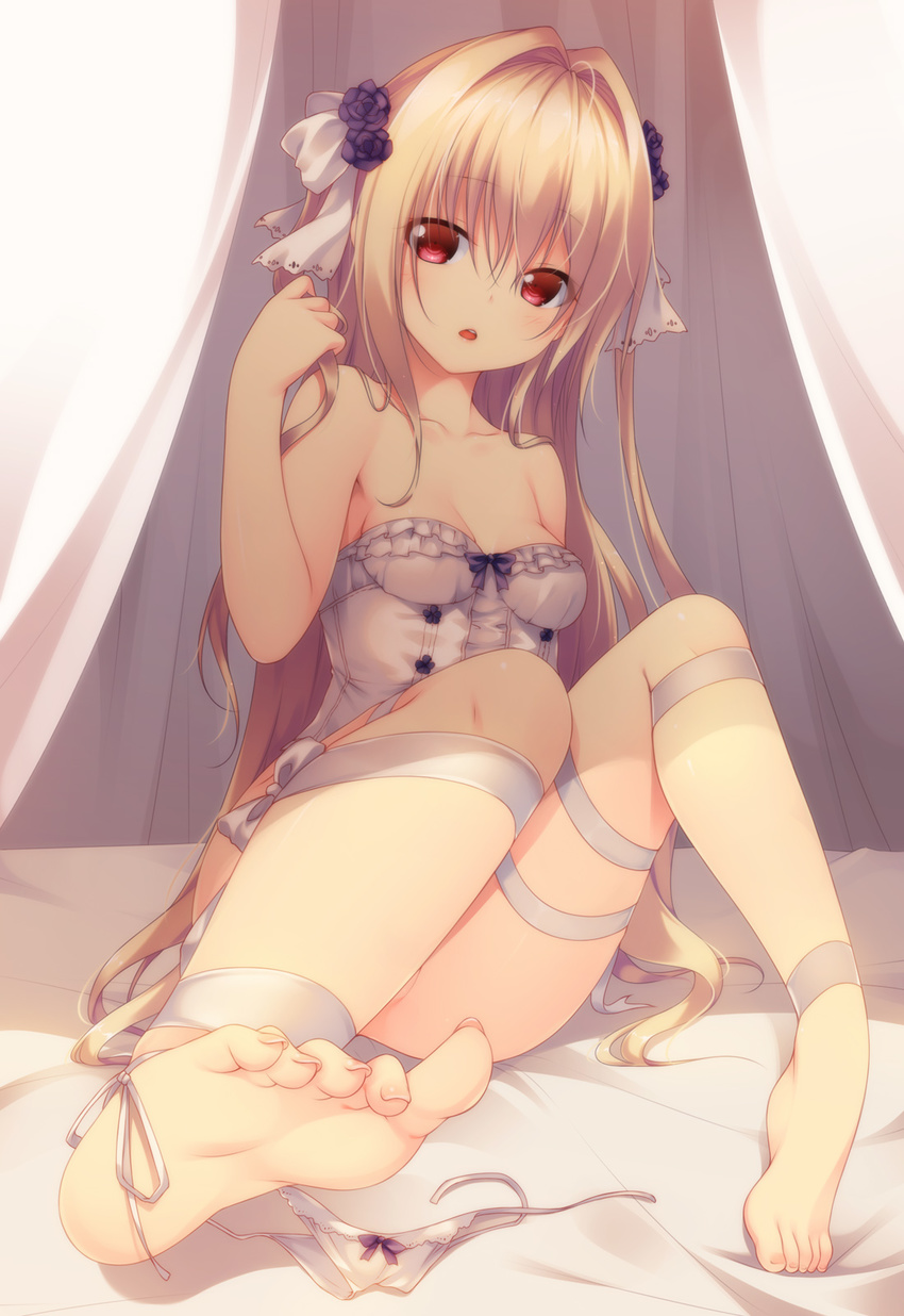 bad_id bad_pixiv_id bare_arms bare_shoulders barefoot blonde_hair bottomless bow bow_panties breasts bustier collarbone convenient_leg feet female foot_focus hair_ornament highres konjiki_no_yami leg_ribbon long_hair looking_at_viewer open_mouth panties panties_around_one_ankle panties_around_one_leg panty_pull photoshop_(medium) red_eyes ribbon shokuyou_mogura side-tie_panties sitting small_breasts soles solo to_love-ru toenails toes underwear untied very_long_hair white_panties wiggling_toes