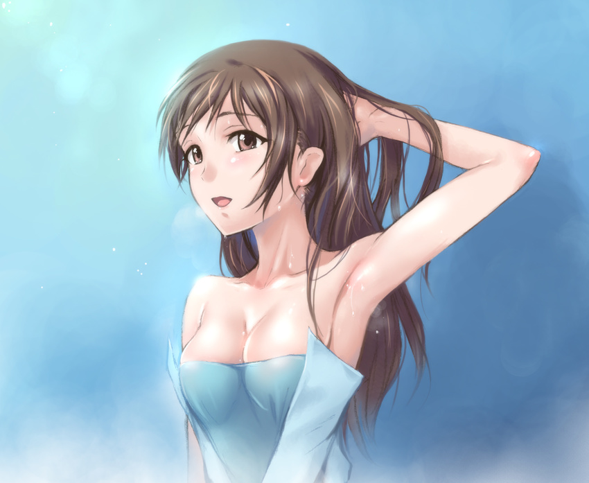 armpits breasts brown_eyes brown_hair commentary_request female idolmaster idolmaster_cinderella_girls long_hair medium_breasts nitta_minami open_mouth smile solo zundarepon