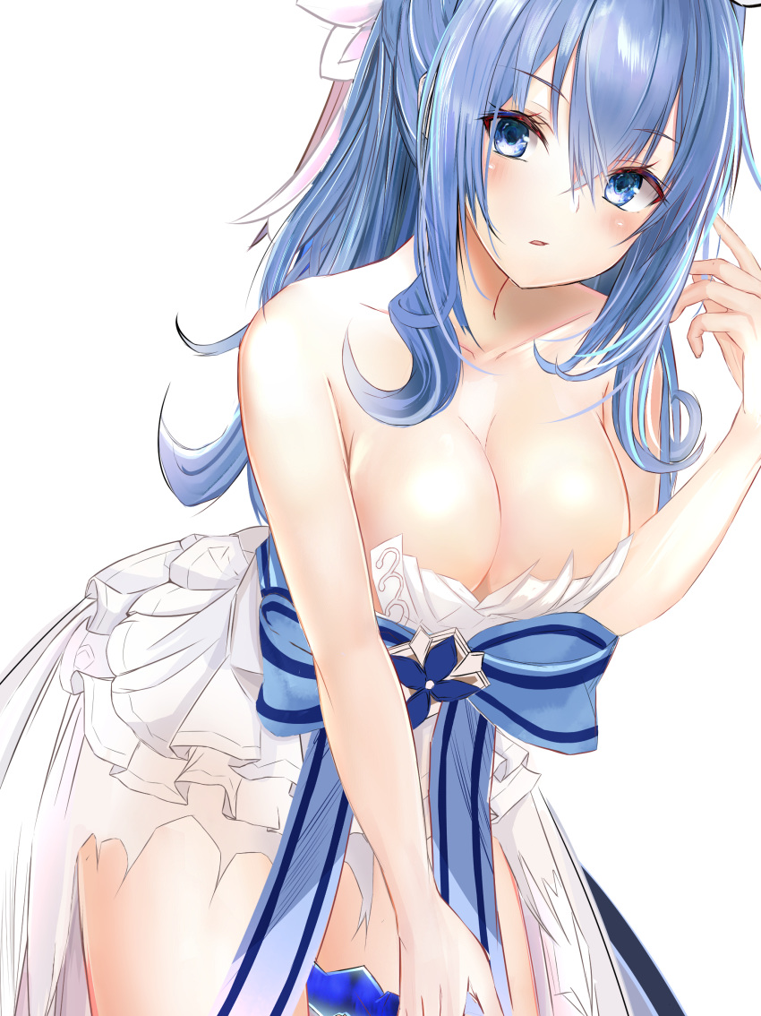 absurdres bare_arms bare_shoulders blue_eyes blue_hair blue_ribbon blush breasts cleavage collarbone commentary_request cowboy_shot dress efuri_(riarea00) female frilled_dress frills granblue_fantasy hair_between_eyes hair_ribbon hand_up head_tilt highres large_breasts leaning_forward long_hair looking_at_viewer parted_lips ponytail ribbon sidelocks simple_background solo standing therese_(granblue_fantasy) torn_clothes torn_dress white_background white_dress white_ribbon