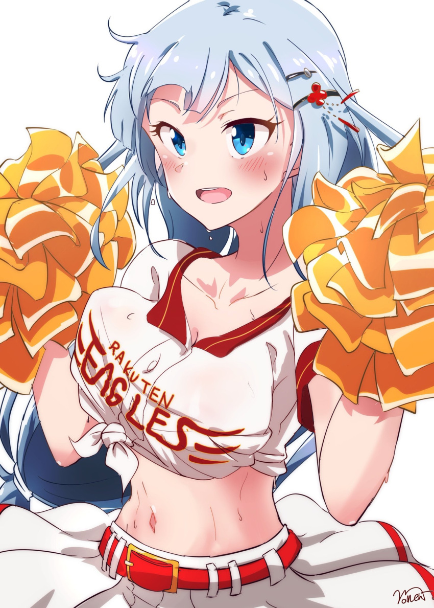 bad_id bad_pixiv_id belt blue_eyes blue_hair cheerleader commentary_request cowboy_shot female hair_ornament hairclip highres idolmaster idolmaster_million_live! idolmaster_million_live!_theater_days light_blue_hair long_hair moment_(moment_607) navel open_mouth pom_pom_(cheerleading) shiraishi_tsumugi skirt solo stomach sweat