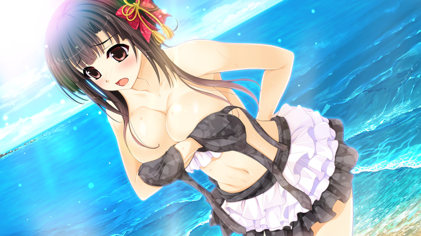 beach bikini blush breasts brown_eyes brown_hair day dutch_angle ecchi_de_hentai!_yakimochi_ojou-sama!! female frilled_bikini frills game_cg hair_ornament highres large_breasts long_hair open_mouth outdoors shinomori_kazuha solo swimsuit wardrobe_malfunction water yoshi_hyuuma