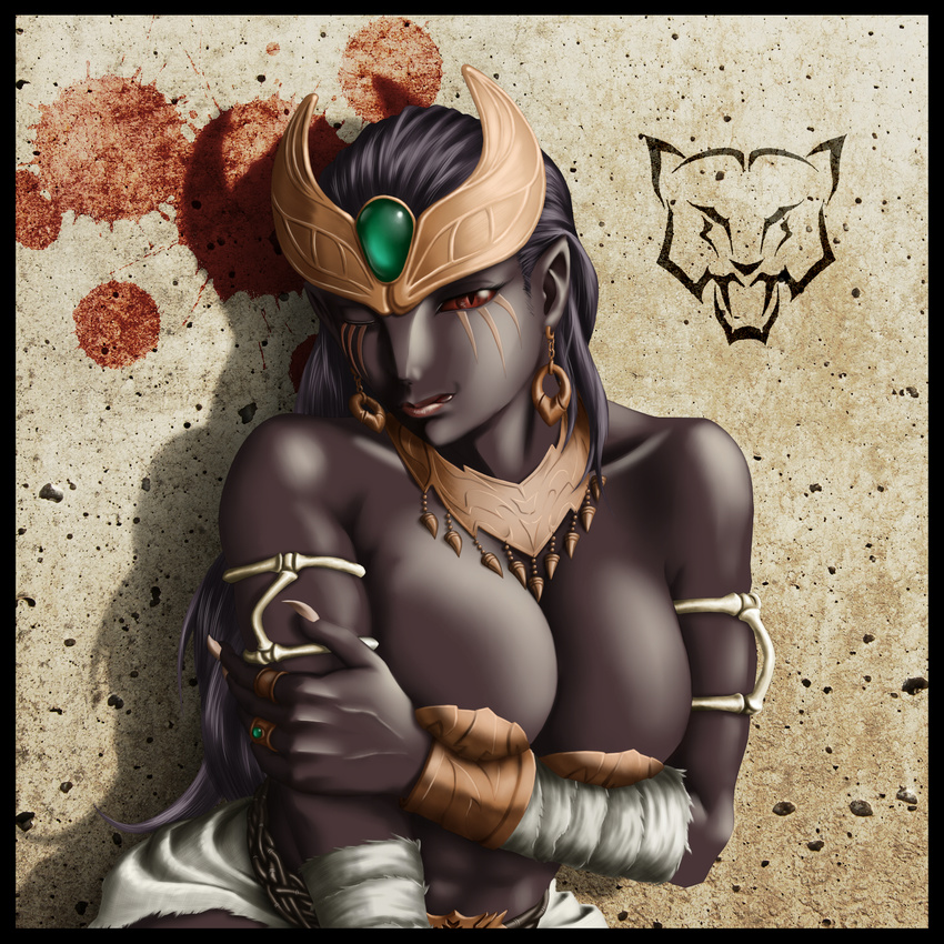 ;) against_wall arm_wrap armband black_hair bracelet breasts breasts_squeezed_together cleavage colored_sclera colored_skin commentary_request dark-skinned_female dark_skin earrings facial_mark female fingernails forehead_jewel forehead_protector grey_skin highres jewelry kamen_rider kamen_rider_kuuga_(series) large_breasts licking_lips lips long_hair neck_ring nose one_eye_closed pointy_ears red_eyes red_sclera ring sharp_fingernails slit_pupils smile solo taikyokuturugi tongue tongue_out zu-mebio-da