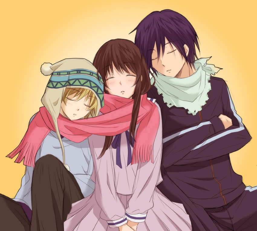 2boys beanie blonde_hair blush boy_sandwich brown_hair closed_eyes commentary_request crossed_arms female hat iki_hiyori kotokoto_(mitsuyoshi0211) long_hair long_sleeves multiple_boys noragami purple_hair ribbon sandwiched scarf school_uniform shared_clothes shared_scarf short_hair skirt sleeping track_suit yato_(noragami) yukine_(noragami)