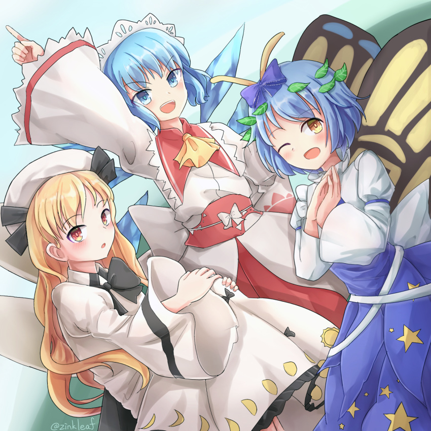 3girls :o antennae arm_above_head ascot black_bow black_neckwear blonde_hair blue_bow blue_dress blue_eyes blue_hair blue_sky bow butterfly_wings chinese_commentary cirno clownpiece commentary_request cosplay cowboy_shot day dress dutch_angle eternity_larva hairbow hands_on_own_knees hat hat_ribbon headdress highres index_finger_raised insect_wings juliet_sleeves layered_dress leaf leaf_on_head long_hair long_sleeves looking_at_viewer luna_child luna_child_(cosplay) moon_phases moon_print multiple_girls neck_ribbon obi one_eye_closed open_mouth outdoors own_hands_together puffy_sleeves red_eyes ribbon sash short_hair sitting sky standing star_(symbol) star_print star_sapphire star_sapphire_(cosplay) sunny_milk sunny_milk_(cosplay) teeth touhou twitter_username upper_teeth_only very_long_hair white_dress wings yellow_ascot yellow_eyes yu_cha