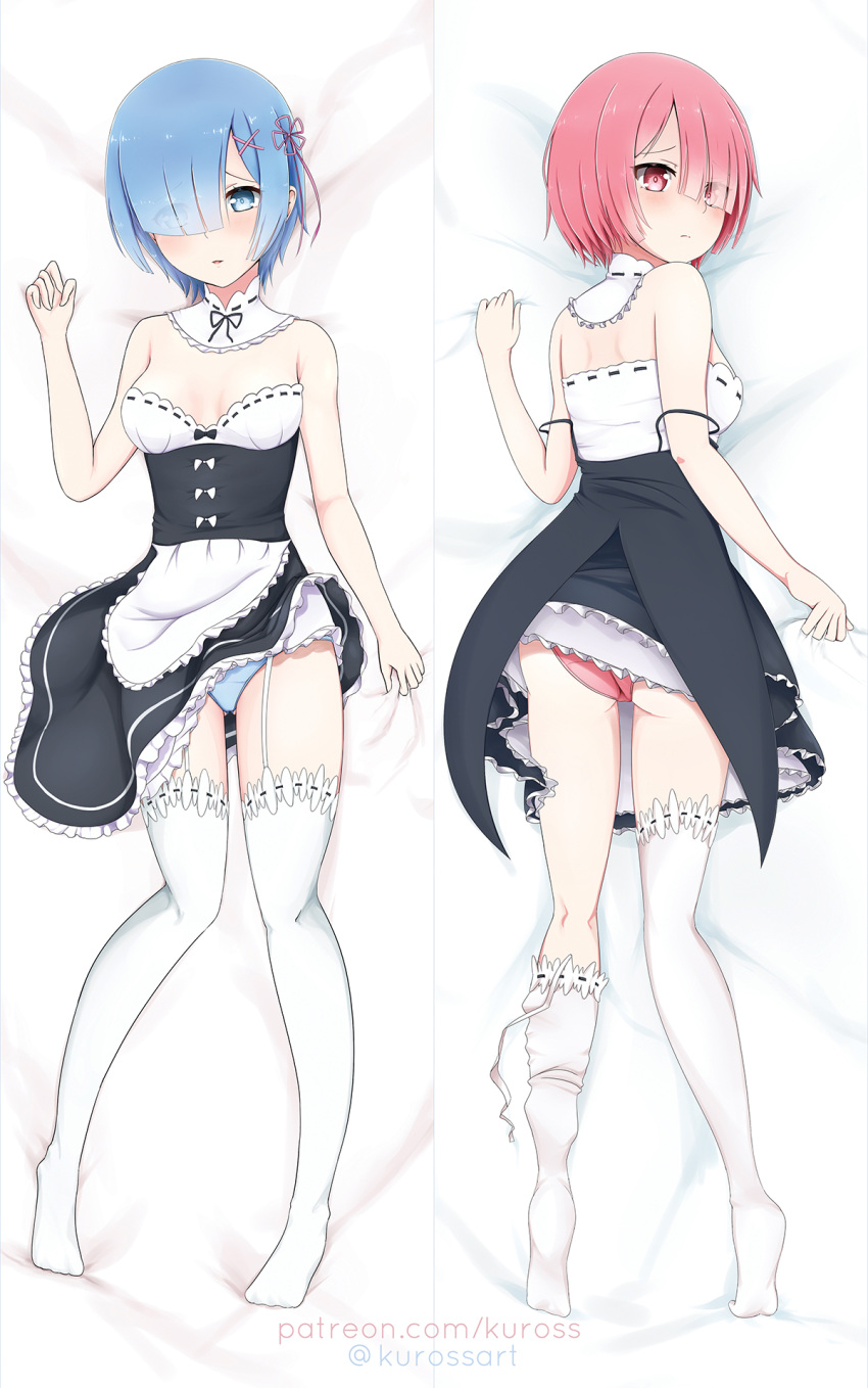 2girls apron ass ass_visible_through_thighs bed_sheet black_dress blue_eyes blue_hair blue_panties breasts closed_mouth commentary_request dakimakura_(medium) detached_collar dress eyes_visible_through_hair frilled_apron frilled_dress frills from_behind frown garter_straps hair_ornament hair_over_one_eye highres lace lace-trimmed_legwear lace_trim looking_at_viewer looking_back lying maid medium_breasts multiple_girls on_back on_bed on_stomach panties parted_lips photoshop_(medium) pink_eyes pink_hair pink_panties ram_(re:zero) re:zero_kara_hajimeru_isekai_seikatsu rem_(re:zero) rokuuso roswaal_mansion_maid_uniform short_dress short_hair siblings sisters spaghetti_strap strap_slip strapless thighhighs thighhighs_pull twins twitter_username underwear waist_apron watermark web_address white_legwear x_hair_ornament