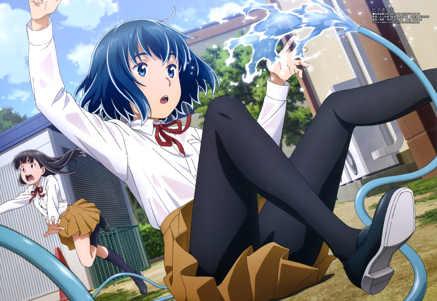 2girls :o absurdres black_footwear black_hair black_legwear blue_eyes blue_hair blue_legwear breasts brown_eyes brown_skirt building cloud cloudy_sky day dress_shirt falling grass highres hina_(hinamatsuri) hinamatsuri_(manga) hose kneehighs loafers long_hair long_sleeves magazine_scan medium_breasts megami_magazine mishima_hitomi multiple_girls neck_ribbon official_art open_mouth outdoors pantyhose pleated_skirt red_ribbon ribbon round_teeth scan school_uniform see-through shirt shoes short_hair skirt sky socks sweat teeth tongue tree tsujikami_ayaka wet wet_clothes wet_shirt white_shirt