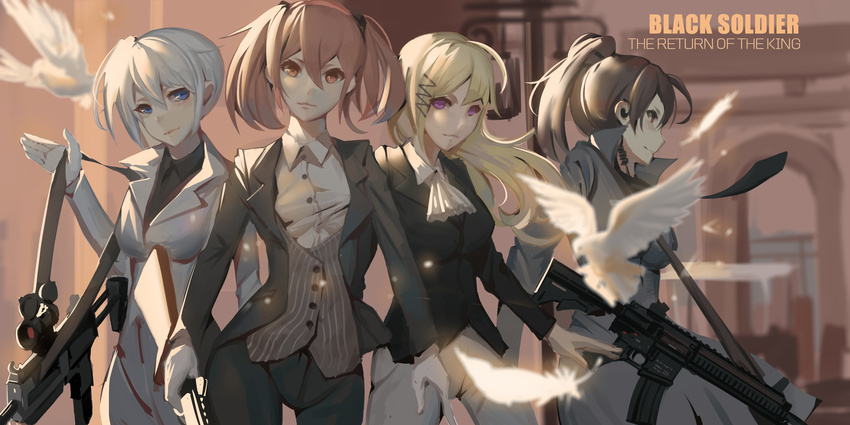 4girls absurdres artist_name ascot assault_rifle bird black_soldier blonde_hair blue_eyes brown_eyes brown_hair coat commentary_request contrapposto cowboy_shot dove dress_shirt earpiece feathers formal gun h&k_hk416 h&k_mp7 hair_ornament hairclip heckler_&_koch high_ponytail highres jacket long_hair looking_at_viewer multiple_girls necktie orange_eyes orange_hair original pants photoshop_(medium) ponytail purple_eyes rifle shirt short_hair standing strap submachine_gun twintails waistcoat weapon white_hair