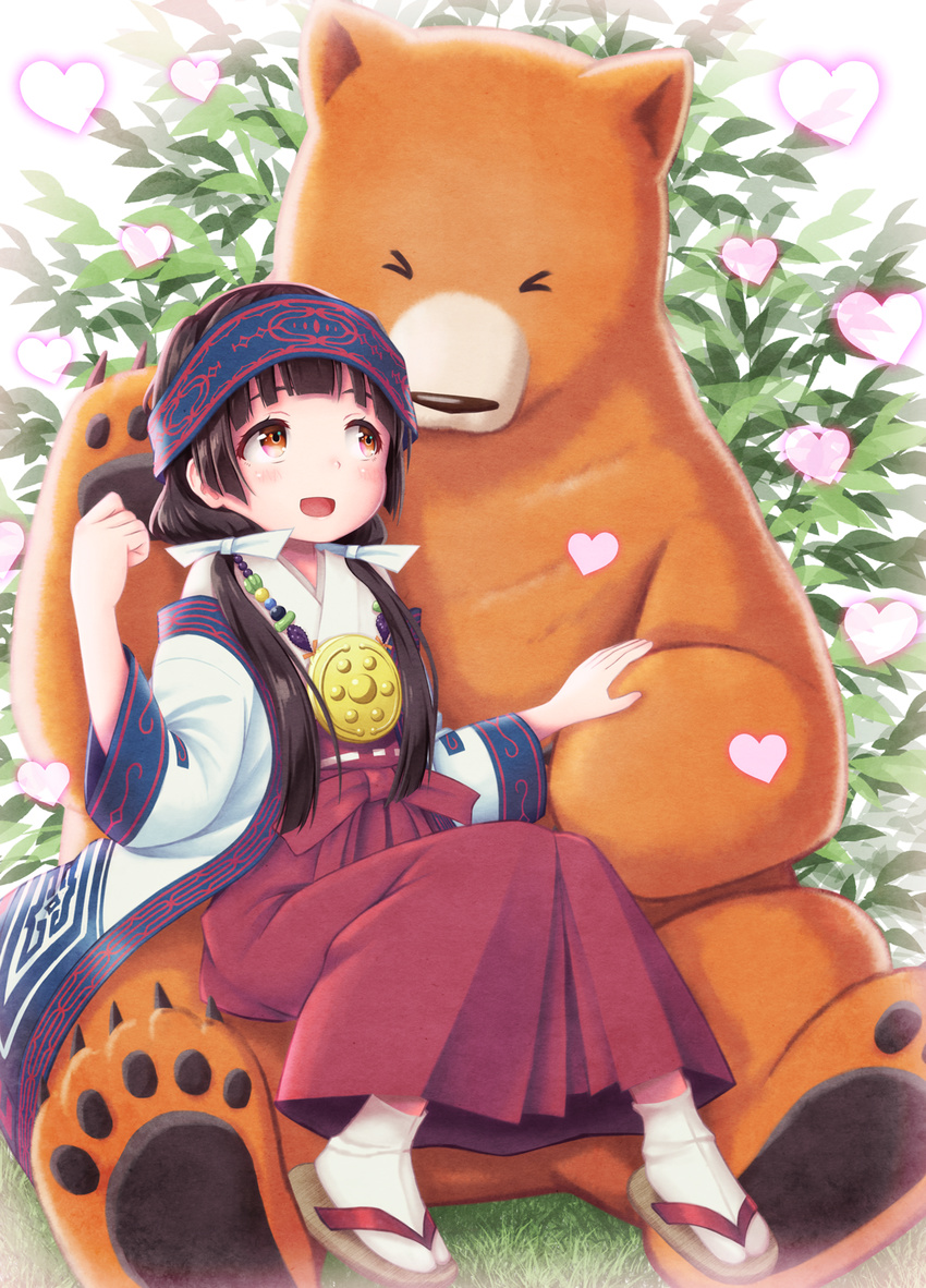 :d ainu_clothes amayadori_machi animal bear black_hair blunt_bangs blush brown_eyes commentary_request female hair_ribbon hakama hakama_skirt hane_yoshiyumi headband highres japanese_clothes kumai_natsu kumamiko long_hair low_twintails miko open_mouth red_hakama ribbon skirt smile solo twintails