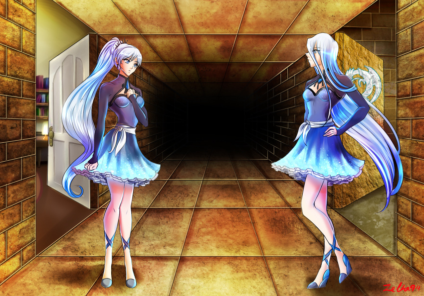 2girls alter_ego blue_eyes commission crossover dress egypt indoor kisara long_hair looking_at_each_other multiple_girls rwby standing weiss_schnee white_hair yu-gi-oh! zelka94