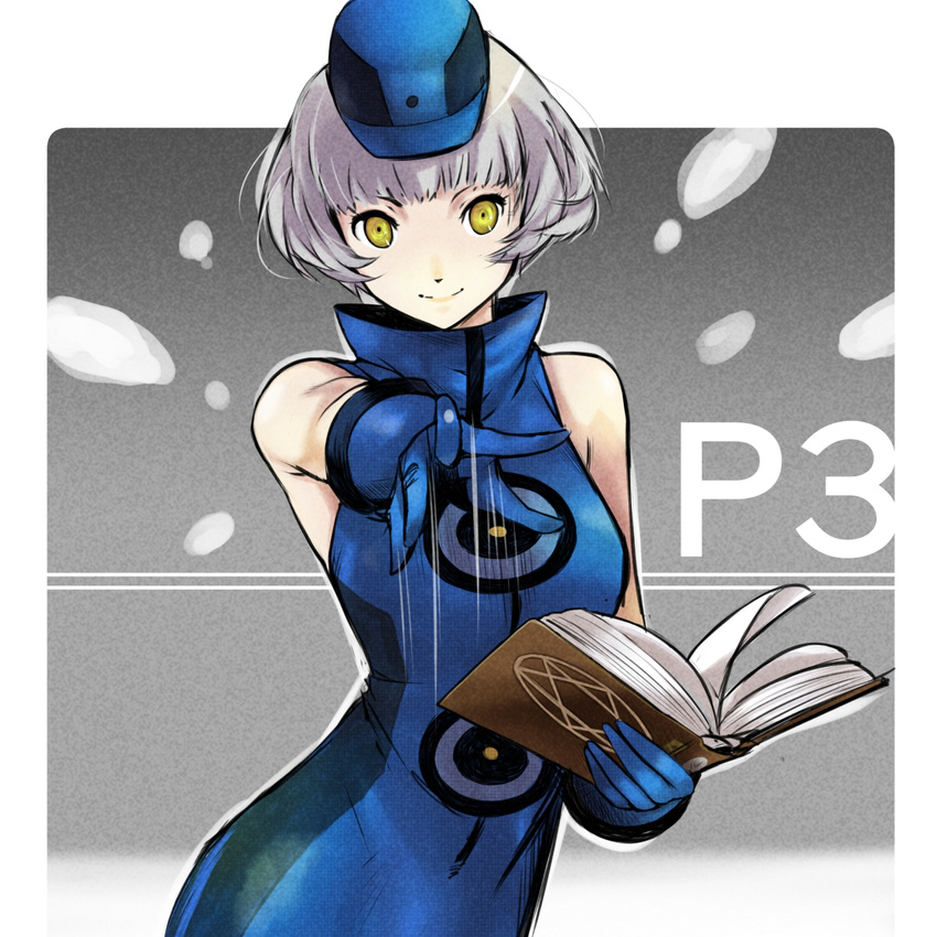 banjo_(technistep) book commentary_request dress elizabeth_(persona) female gloves hat highres persona persona_3 short_hair sleeveless sleeveless_dress smile solo white_hair yellow_eyes