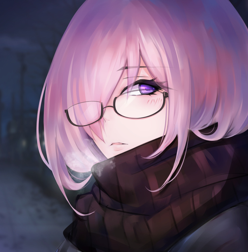 absurdres alternate_costume black-framed_eyewear blush breath commentary enpera fate/grand_order fate_(series) female glasses hair_over_one_eye highres looking_at_viewer mash_kyrielight night parted_lips pink_hair purple_eyes rebyo scarf self-upload semi-rimless_eyewear solo under-rim_eyewear upper_body