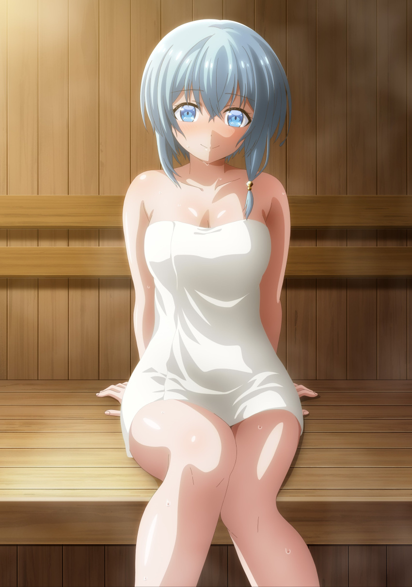 absurdres bare_arms bare_legs bare_shoulders blue_eyes blue_hair breasts collarbone female highres looking_at_viewer naked_towel narsena official_art party_kara_tsuihousareta_sono_chiyushi_jitsu_wa_saikyou_ni_tsuki sauna short_hair sitting small_breasts smile steam sweat towel