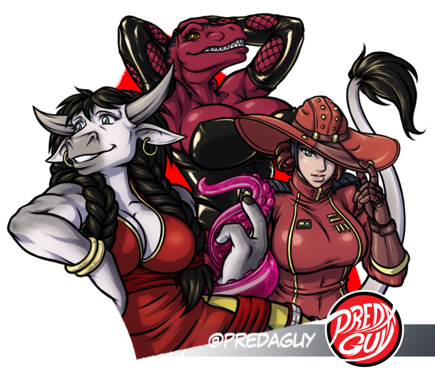 anthro anthrosaurs big_breasts blizzard_entertainment blue_eyes bovid bovine bracelet braided_hair braided_pigtails breasts cleavage clothed clothing color_coded color_wheel_challenge dinosaur dromaeosaurid ear_piercing ear_ring female fishnet_clothing fur gloves hair hair_bun hands_behind_head handwear havoc_(h_raptor) hi_res horn human janus_acken_(rbl_m1a2tanker) jewelry latex latex_clothing latex_gloves latex_handwear long_ears long_tail mammal markings mayonnaise_(vr) piercing predaguy prehistoric_species red red_body red_clothing red_eyes reptile ring_piercing scalie shoulder_pads spots spotted_markings tail tail_tuft tauren tentacle theropod tight_clothing tipping_hat tuft uniform velociraptor warcraft white_body white_fur wide_brim_hat wide_brimmed_hat