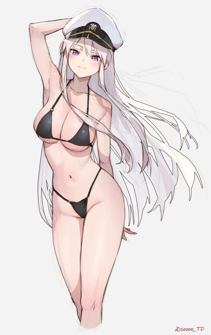 absurdres arm_up armpits azur_lane bikini black_bikini blush breasts cleavage closed_mouth enterprise_(azur_lane) feet_out_of_frame female highres large_breasts navel purple_eyes simple_background solo sooon standing stomach swimsuit underboob white_background white_hair