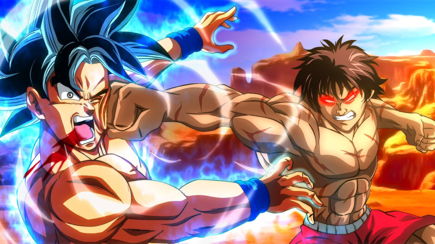 2boys abs aura battle blue_sky blue_wristband brown_hair clenched_hands closed_eyes cloud collarbone coughing_blood crossover dragon_ball dragon_ball_super english_commentary glowing glowing_eyes grappler_baki grey_eyes hanma_baki highres male_focus multiple_boys muscular muscular_male nose open_mouth outdoors outline pectorals punching red_eyes scar scar_on_arm scar_on_chest sky son_goku spiked_hair teeth tongue topless_male tylearn ultra_instinct v-shaped_eyes white_outline