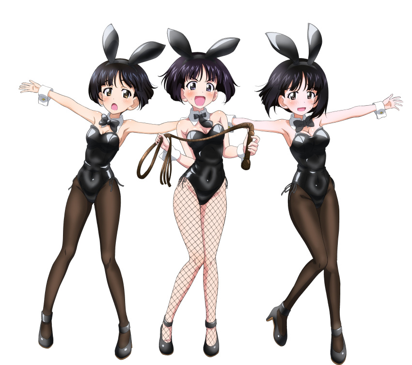 3girls absurdres animal_ears black_bow black_bowtie black_hair black_leotard black_necktie black_pantyhose blue_eyes blush bow bowtie breasts brown_eyes cleavage covered_navel fake_animal_ears fishnet_pantyhose fishnets full_body girls_und_panzer gotou_moyoko high_heels highres key_(gaigaigai123) konparu_nozomi leotard looking_at_viewer multiple_girls necktie open_mouth pantyhose playboy_bunny rabbit_ears short_hair simple_background small_breasts smile sono_midoriko whip white_background wrist_cuffs